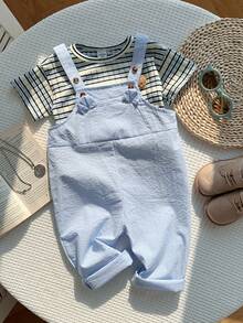 SHEIN Baby Boy/Girl Summer Blue & White Striped Bib Overalls, Casual Vacation Outfit Suitable For Home, Outing, Beach - Multicolor - View 6