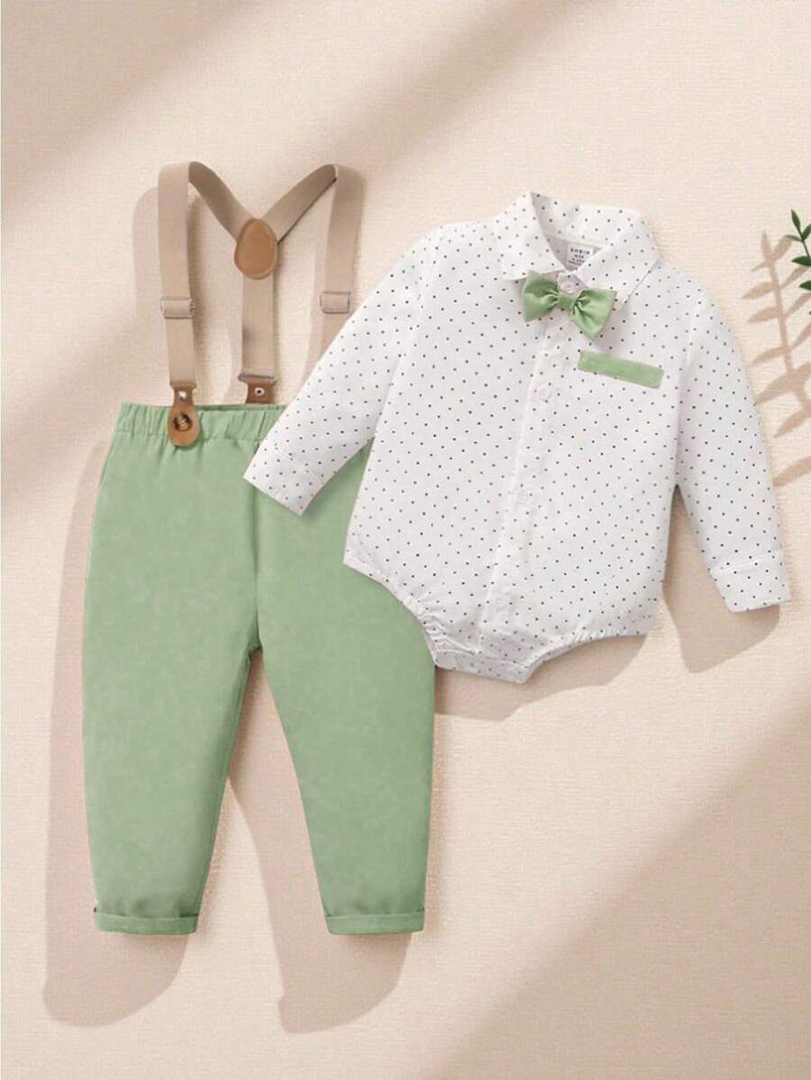 SHEIN 2件套婴儿/幼儿波点长袖领结衬衫+舒适背带裤套装，适合休闲、正式场合、演出、派对、万圣节、圣诞节等场合。 - 綠色 - 查看 1
