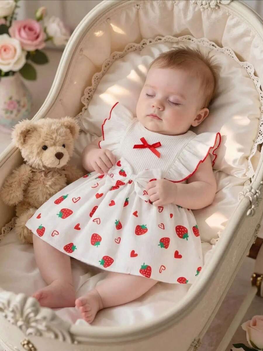 Đầm mùa hè cho bé gái sơ sinh màu trắng không tay cổ tròn phối họa tiết dâu tây, nơ thắt eo, thiết kế hở lưng, dễ mặc, kiểu dáng thời trang thanh lịch dễ thương, chất liệu thoải mái, thích hợp cho đi chơi hàng ngày hoặc phối đồ ngoài trời.