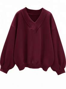 SHEIN EZwear 女式超大V领宽松休闲卫衣，酒红色，适合秋冬季 - 中紫紅色 - 查看 3