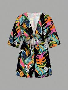 Slaydiva Vacation White Front Tie Hollow Out 3/4 Sleeve Loose Jumpsuit Women's Shorts Women's Resort Wear Vacation Outfits Women Tropical Women's Summer Women's Tropical Print Outfit - Multicolor - View 5
