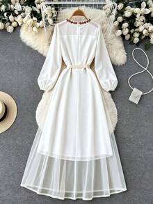 GlowEve Đầm dài voan mỏng tay phồng thêu hoa thanh lịch dành cho nữ, có thắt lưng, thích hợp cho mùa xuân, hè, thu. - Nhiều màu - Xem 2