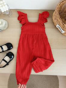 SHEIN LMoss Kids Babygirl Cute Summer Versatile Apricot Textured Romper - Red - View 6