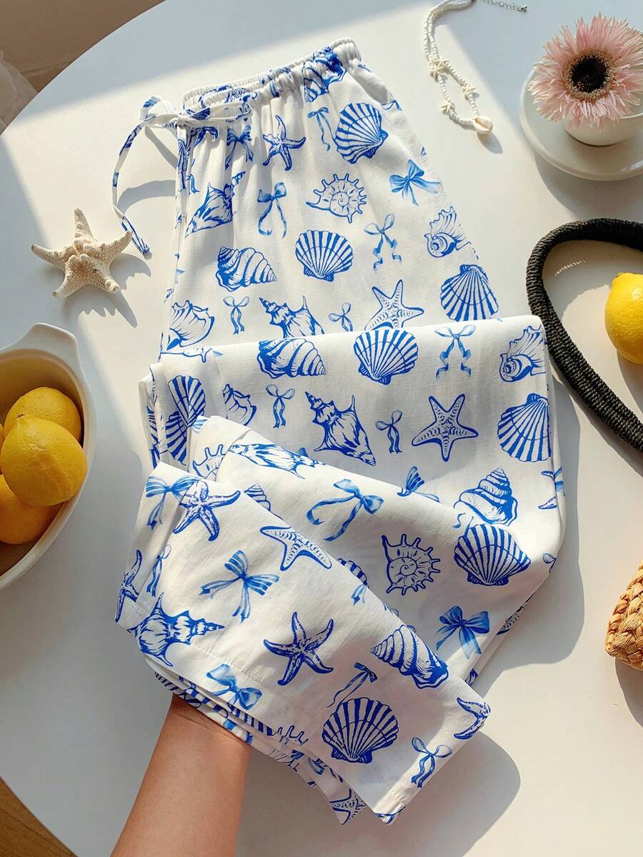 Comfortcana Women's Allover Print Drawstring Waist Casual Vacation Everyday Wide Leg Pants - Multicolor - View 1