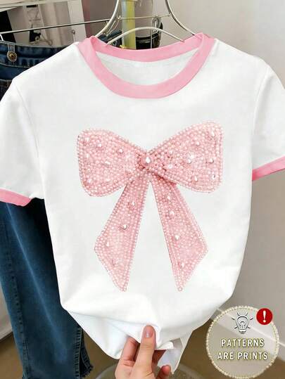 Camiseta ajustada y corta de estilo coreano casual y minimalista con estampado de perlas falsas y mariposas, adecuada para uso en verano, al aire libre y en el campus