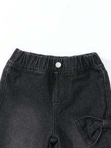 SHEIN Quần jeans ống đứng dáng rộng, thoải mái, dễ phối đồ, có nơ và túi, dành cho bé gái, thích hợp mặc hàng ngày. - Màu xám đen - Xem 5