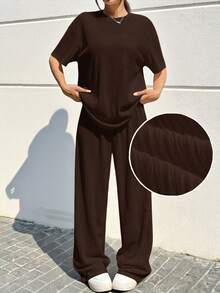 SHEIN EZwear Set de 2 piezas de camiseta y pantalones holgados de color marrón casual, talla grande - Marrón - Ver 6