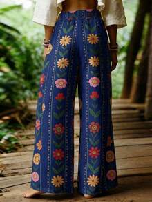 Balvessa Quần ống rộng in hoa phong cách thường ngày dành cho nữ, thích hợp cho kỳ nghỉ. - Màu xanh hải quân - Xem 2