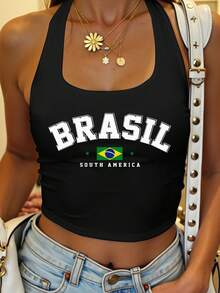 SHEIN EZwear Women's Casual Tight-Fitting Halter Neck Tank Top, English Print Pattern, Suitable For Summer - Multicolor - View 6