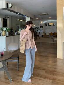 SHEIN K-Vae V-Neck Fitted Slimming Niche Elegant Blouse For Women - Baby Pink - View 3