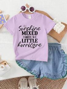 女童字母鹅印花圆领休闲百搭日常穿T恤 - 淡紫色 - 查看 5