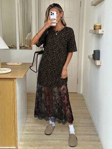 SHEIN LUNE 圆领纯色宽松休闲T恤，蕾丝连衣裙，时尚外出通勤装扮 - 彩色 - 查看 3