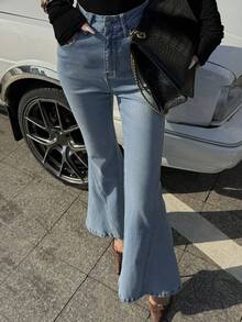 DAZY 女士口袋纽扣休闲百搭日常喇叭牛仔裤 Y2k - 中等水洗藍 - 查看 6