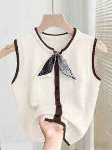 Franclia Brown Stripe Summer Elegant Tea Party Office Women's Knit Vest Minimalist Round Neck Sleeveless Top With Polka Dot Paisley Patchwork Contrast Trim - Multicolor - View 4