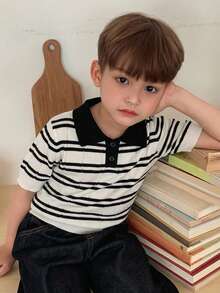 Dazy Kids Kids Fall Clothes Young Boys Striped Short Sleeve Sweater Summer - Black and White - View 5
