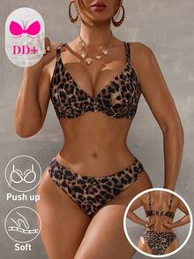 Swim DD+ 新款女士优雅加大码性感沙滩豹纹比基尼套装 - 钢圈聚拢全包臀上衣和高腰性感泳裤 - 柔软顺滑弹力透气速干面料 - 贴合曲线，提供支撑，尽显夏日度假风情 - 是夏季海滩度假、泳池派对、音乐节、婚礼、春季假期、度假休闲、热带之旅的完美泳装之选 - 棕色 - 查看 10