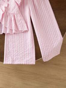 Elladie kids Young Girl (Small) Cute Ruffle Hem Asymmetrical Hem Design & Bow Print Casual Pants Set - Pink - View 5