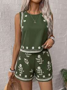 SHEIN LUNE 女士梭织休闲印花夏季两件套 - 綠色 - 查看 3