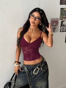 StreetHx 女士街头风蕾丝拼接吊带背心 - 玫紅色 - 查看 4