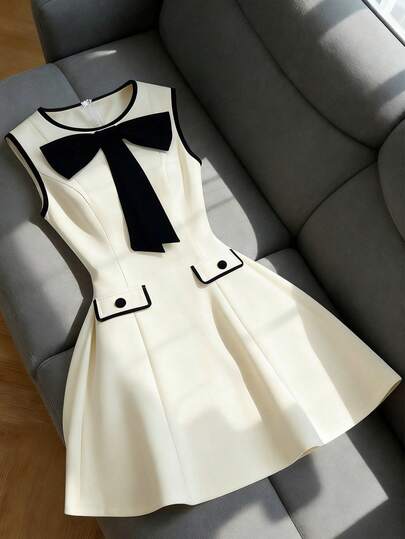 GlowEve Đầm không tay cổ tròn, eo xếp ly, dáng chữ A, phối màu, phong cách thường ngày, tối giản, thanh lịch, lãng mạn, kèm nơ cho nữ.