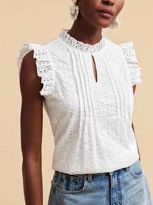 Travachic Woven Embroidered Mesh Elegant Sexy Casual Top For Women Golf White Summer - White - View 7