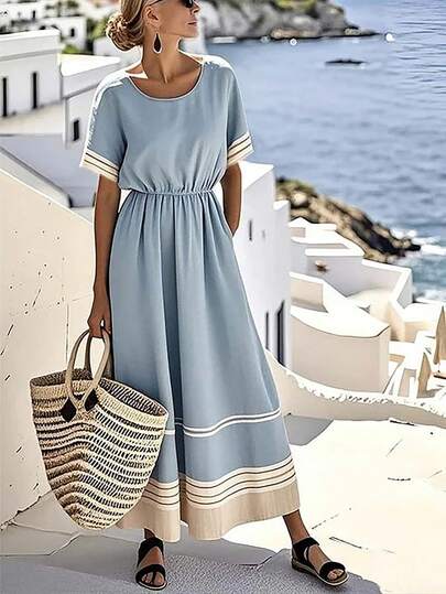 SHEIN Holidaya Loose Fit Round Neck Batwing Sleeve Contrast Striped Cuff Waist Gathered Hem Dress, Light Grey Blue Casual Dresses For Women Women's Summer Dresses Women's Casual Dresses Vacation Dresses For Women Spring Dresses For Women