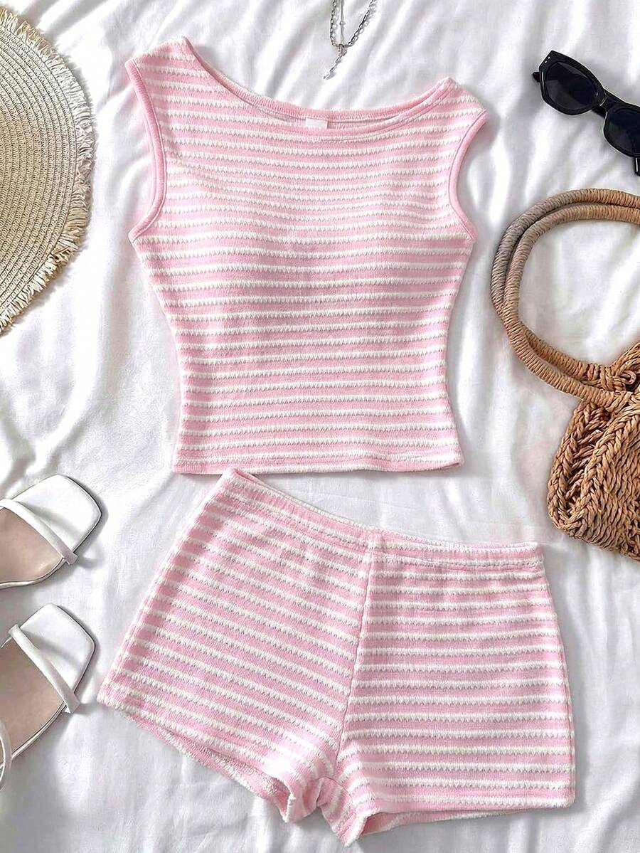 SHEIN Tween Girls' Summer Casual Asymmetric Textured Striped Off-Shoulder T-Shirt And Shorts 2-Piece Set - Pink - View 1