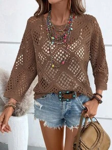 EMERY ROSE 女士纯色圆领镂空休闲百搭日常毛衣 - 棕色 - 查看 6