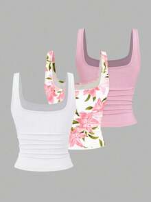 EMERY ROSE Bộ 3 món áo vest không tay cỡ lớn dành cho nữ, màu trơn và họa tiết in, thích hợp cho mùa hè. - Nhiều màu - Xem 2