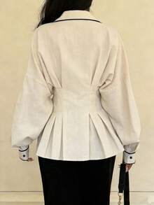 Siren Gaze Áo sơ mi nữ tay dài dáng rộng, cổ xếp ly, thích hợp mặc mùa xuân và hè, kiểu dáng công sở thường ngày; và mùa thu/đông. - Đen và trắng - Xem 4