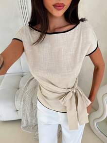 Siren Gaze Áo kiểu nữ cổ thuyền tay ngắn thắt eo - Màu be - Xem 4