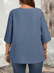 EMERY ROSE Plus Size Asymmetric Hem Dusty Blue Blouse For Women,Boho Casual Country Shirts,Autumn Vacation Tops,Summer Festival Outfits,Spring Bohemian Clothing - Dusty Blue - View 2