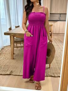 Weeklong Plus Size Women Solid Color Spaghetti Strap Textured Fabric Jumpsuit Fall - Hot Pink - View 1