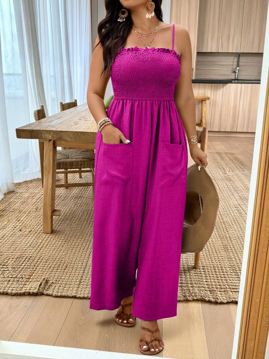 Weeklong Plus Size Women Solid Color Spaghetti Strap Textured Fabric Jumpsuit Fall - Hot Pink - View 1