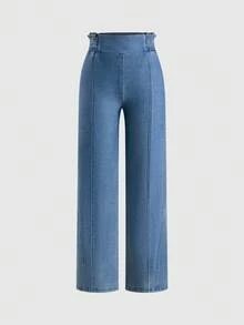 Teens Girls' Summer Jeans, Casual High Waist Elastic Wide Leg Blue Pants, Drawstring Waist Design, Suitable For Daily Casual And Holiday Wear - Blue - View 3