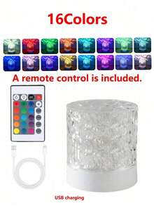 1 Pack C Shape Round Night Light Crystal Table Lamp, Creative Bedside Lamp With Rotating Water Ripple Effect, Flame Atmosphere Light With 16 Colors And Remote Control, Bedroom RGB Remote Control Night Light With Rotating Water Ripple Design, Suitable For Kids Room, Bedroom, Corridor - متعدد الألوان - مشاهدة 12