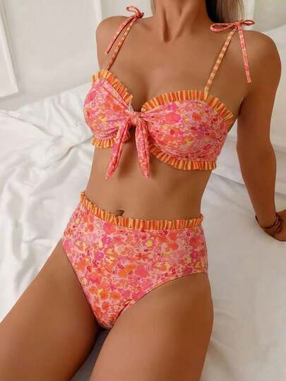 Swim Mod 女士粉色花卉橙色条纹吊带性感沙滩度假泳衣套装