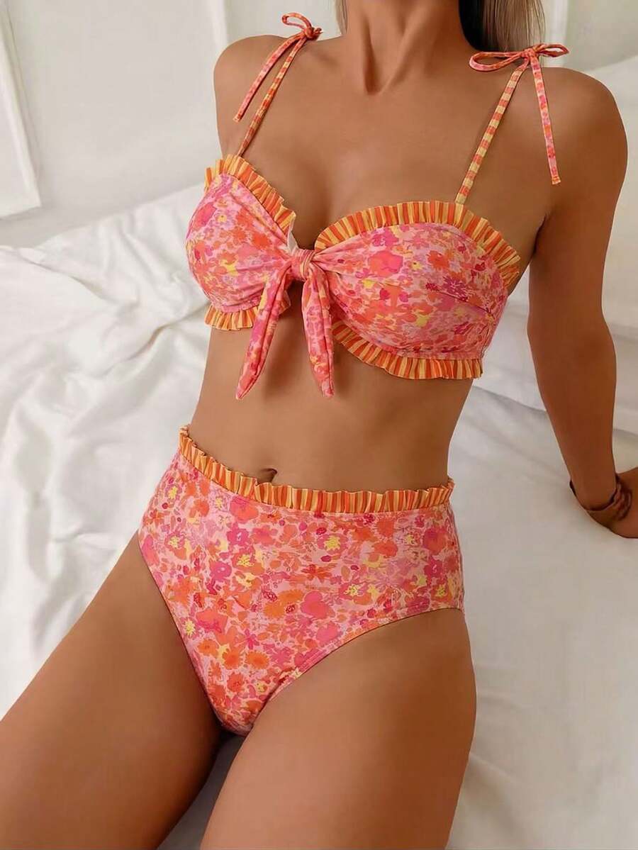 Swim Mod 女士粉色花卉橙色条纹吊带性感沙滩度假泳衣套装 - 粉色 - 查看 1