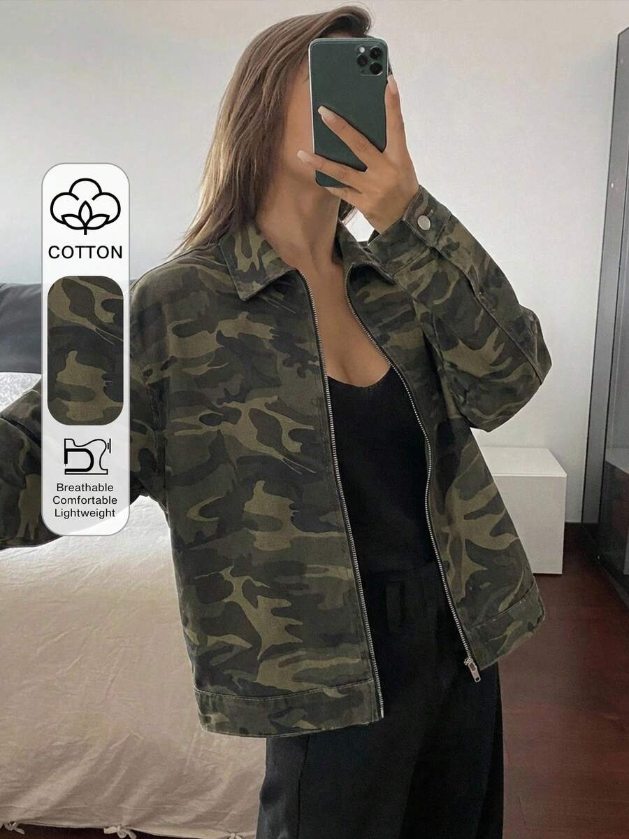 Livesso Chaqueta de mezclilla con cremallera, estilo casual y holgado, con cuello de solapa y camuflaje, de algodón verde, adecuada para verano y primavera, para mujer - Verde militar - Ver 1