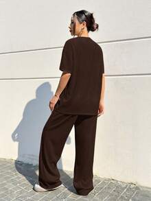 SHEIN EZwear Set de 2 piezas de camiseta y pantalones holgados de color marrón casual, talla grande - Marrón - Ver 7