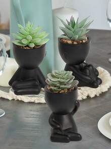 1PC Artificial Succulent Plants Single Pot Small Human Shaped Succulent 3 Styles Optional Black Ceramic Pot Cartoon Design Green PP PE Material For Desktop Home Garden School Dorm Office Decor - Black - View 8