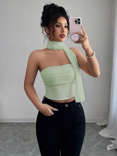 Elenzga Top de camisola plisado con decoración de bufanda de malla elegante para mujeres