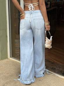 Sunnyshic 女士口袋纽扣休闲百搭日常穿着阔腿牛仔裤 - 藍色 - 查看 2