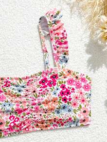 SHEIN Tween Girls 3-Piece Bikini Set,Cute White Ditsy Floral Ruched Crop Top,Adjustable Straps,Triangle Bottoms,Ruffled Sarong Skirt,Summer Vacation Holiday - Multicolor - View 3