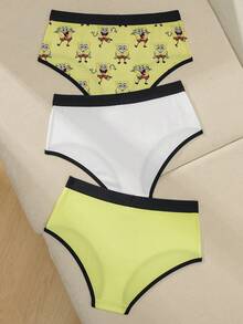 SpongeBob SquarePants | SHEIN 3条装 女士拼接卡通印花舒适休闲三角裤 - 黃色 - 查看 2