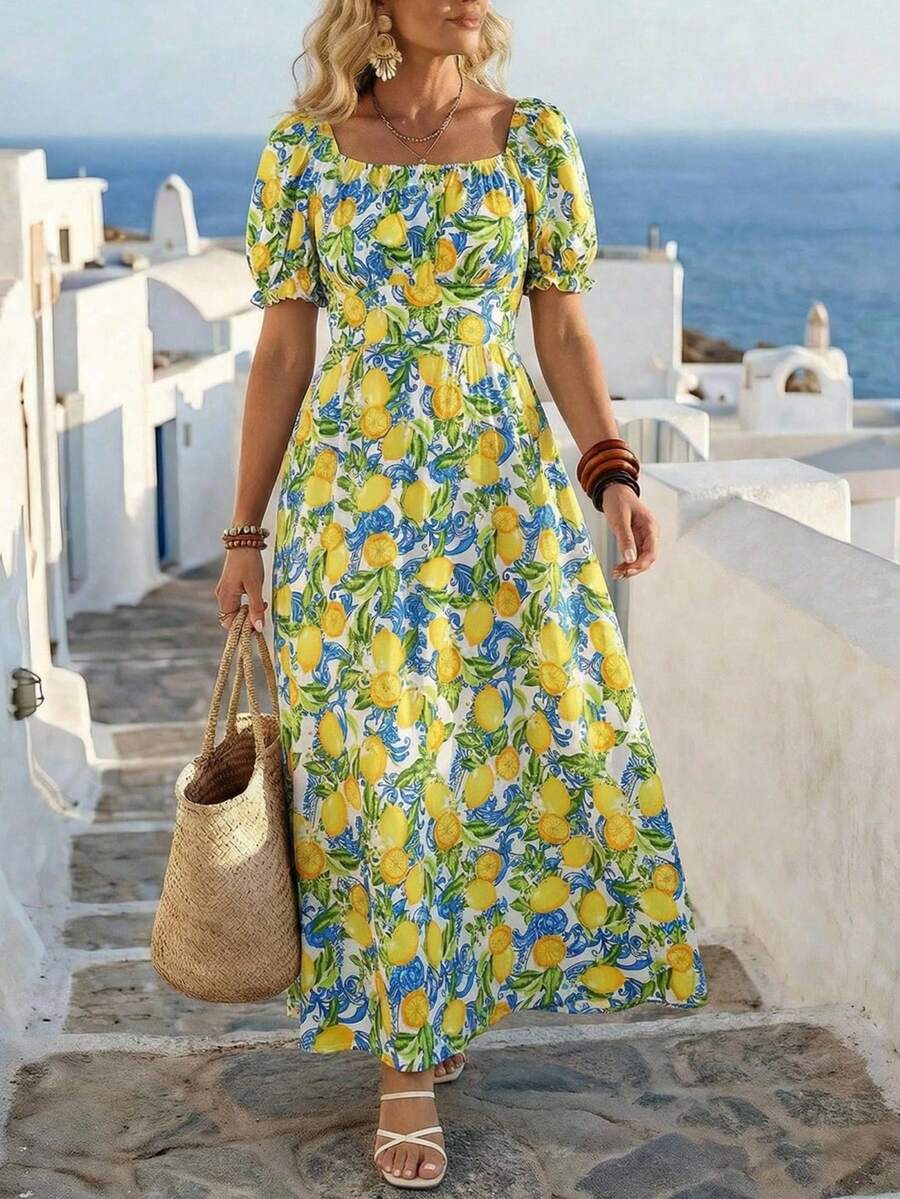 SHEIN Clasi 大码夏季柠檬印花花瓣袖连衣裙