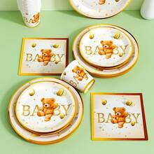 金边小熊婴儿一次性餐盘、餐巾纸和杯子，派对用品套装，可供 24 人使用，一次性纸质派对餐具，适合生日、婚礼、主题派对和家庭野餐。 - 查看 5