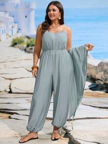 SHEIN LUNE CURVE Camiseta sin mangas de cuello en V de color gris claro sólido talla grande para mujer con cintura anudada, mono de pierna ancha + falda con volantes anudados, estilos multiusos para vacaciones, viajes, casual, retro, citas, mono elegante, nueva llegada de verano - verde menta - Ver 4