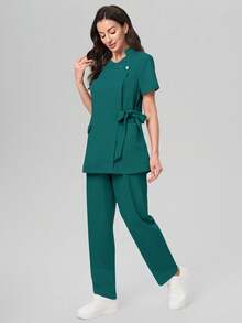 Scrubzie Anti-Wrinkle Short Sleeve Tie-Up Long Shirt And Long Pants Scrub Uniform Set - Teal Blue - View 7