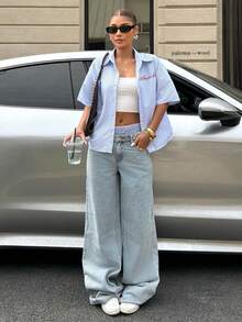 Muchica 女款夏季藍色條紋字母刺繡美式休閒短袖淺藍色襯衫 - 淺藍色 - 查看 5